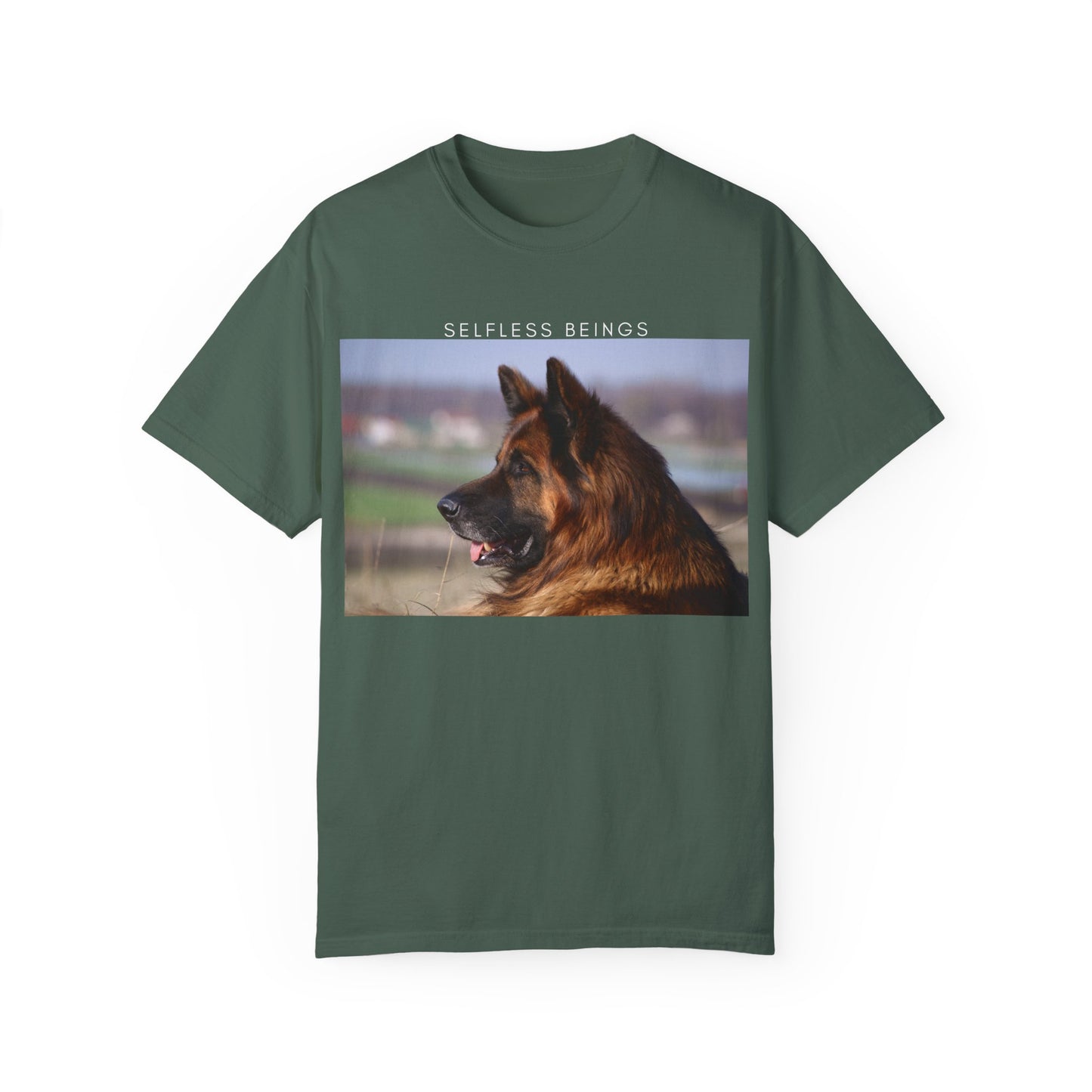 Unisex Dog Lover T-Shirt With Giant Long Coat German Shepherd Looking Straight and Caption Selfless Beings
