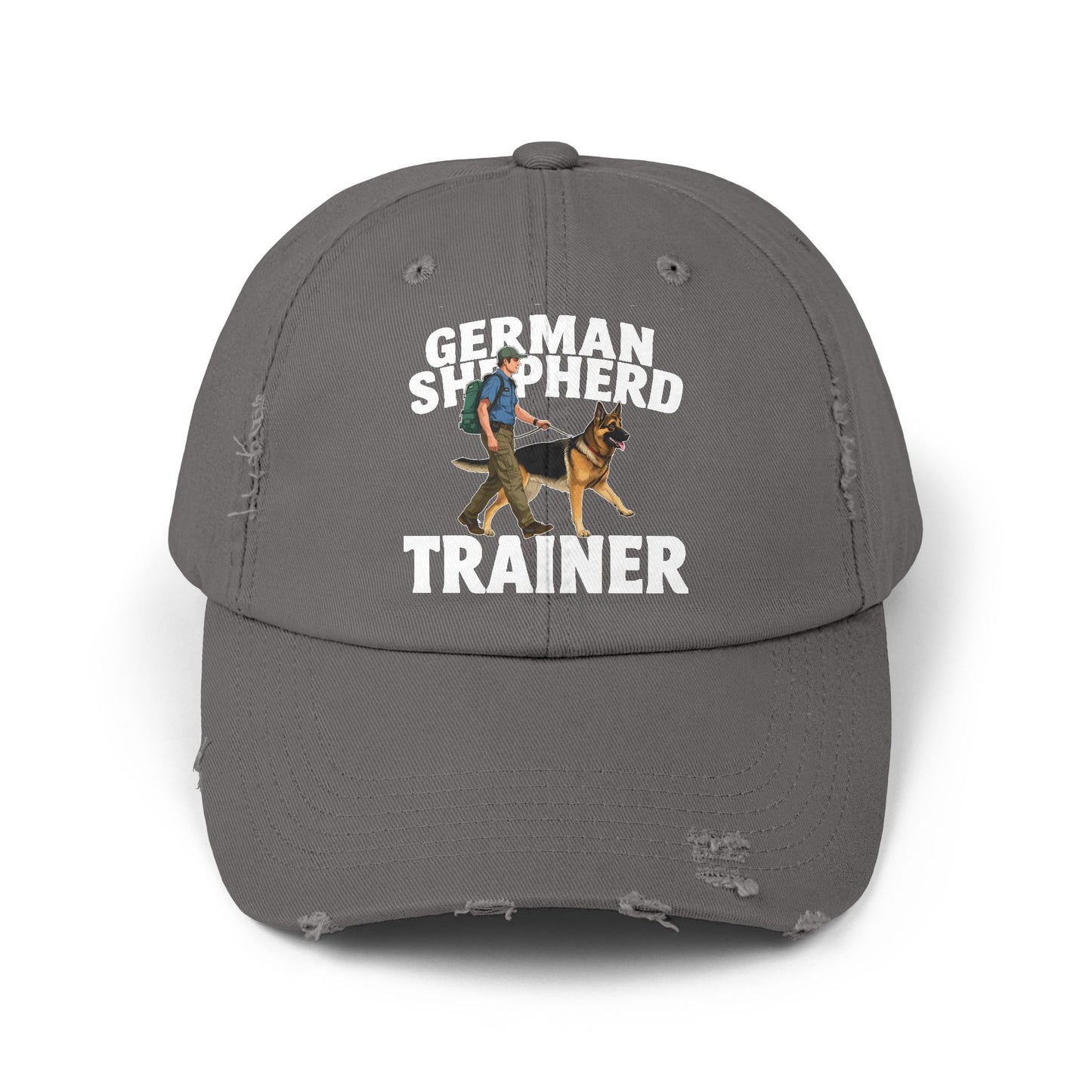Unisex Distressed Cap Featuring a Trainer Leading German Shepherd, Dog Trainer Gift