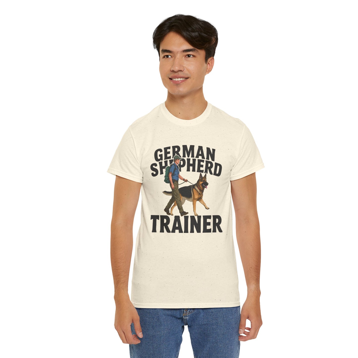 German Shepherd Trainer Tee - Man Holding a German Shepherd | Dog Lover Gift