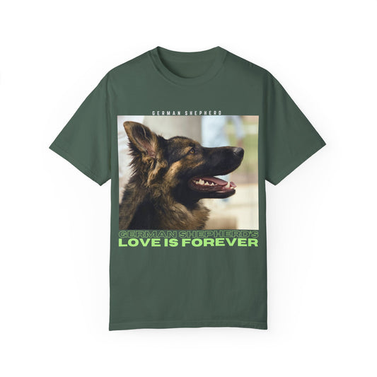 Unisex T-Shirt With Close Up Face of Working Line German Shepherd Mouth Opened and Quote A GSDs Love is Forever