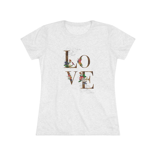 Women's Triblend Tee with Floral Love Design - Casual T-Shirt, Gifts for Her, Valentine's Day, Spring Outfit, Everyday Wear