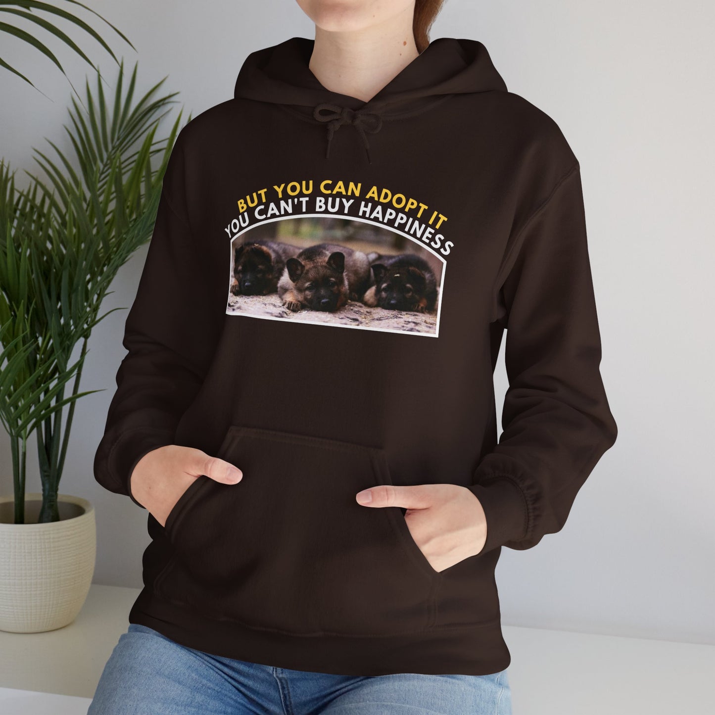 Unisex Dog Lover Hoodie With Three Cute German Shepherd Puppies Sitting in a Row and Caption You Can't Buy Happiness But You Can Adopt It