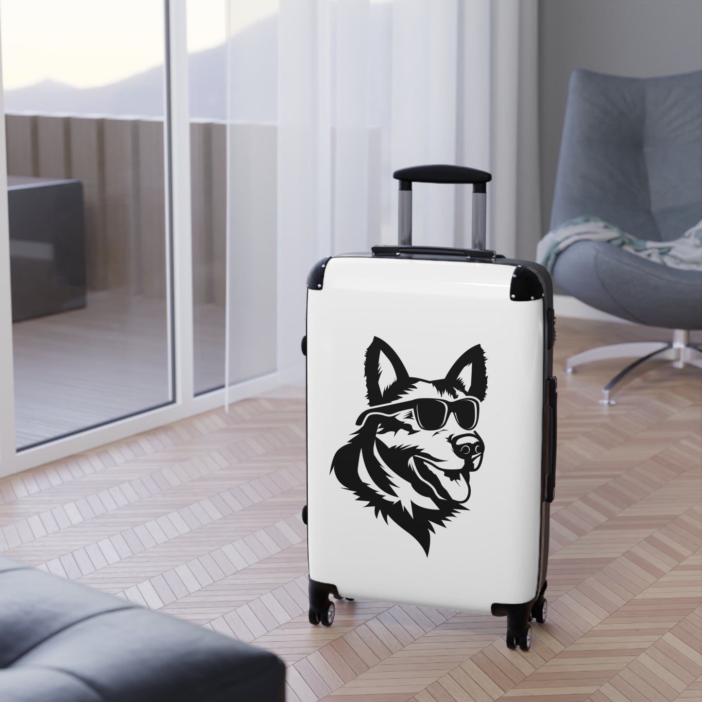 Dog Lovers Suitcase Featuring Graphic of  German Shepherd Wearing Black Glasses