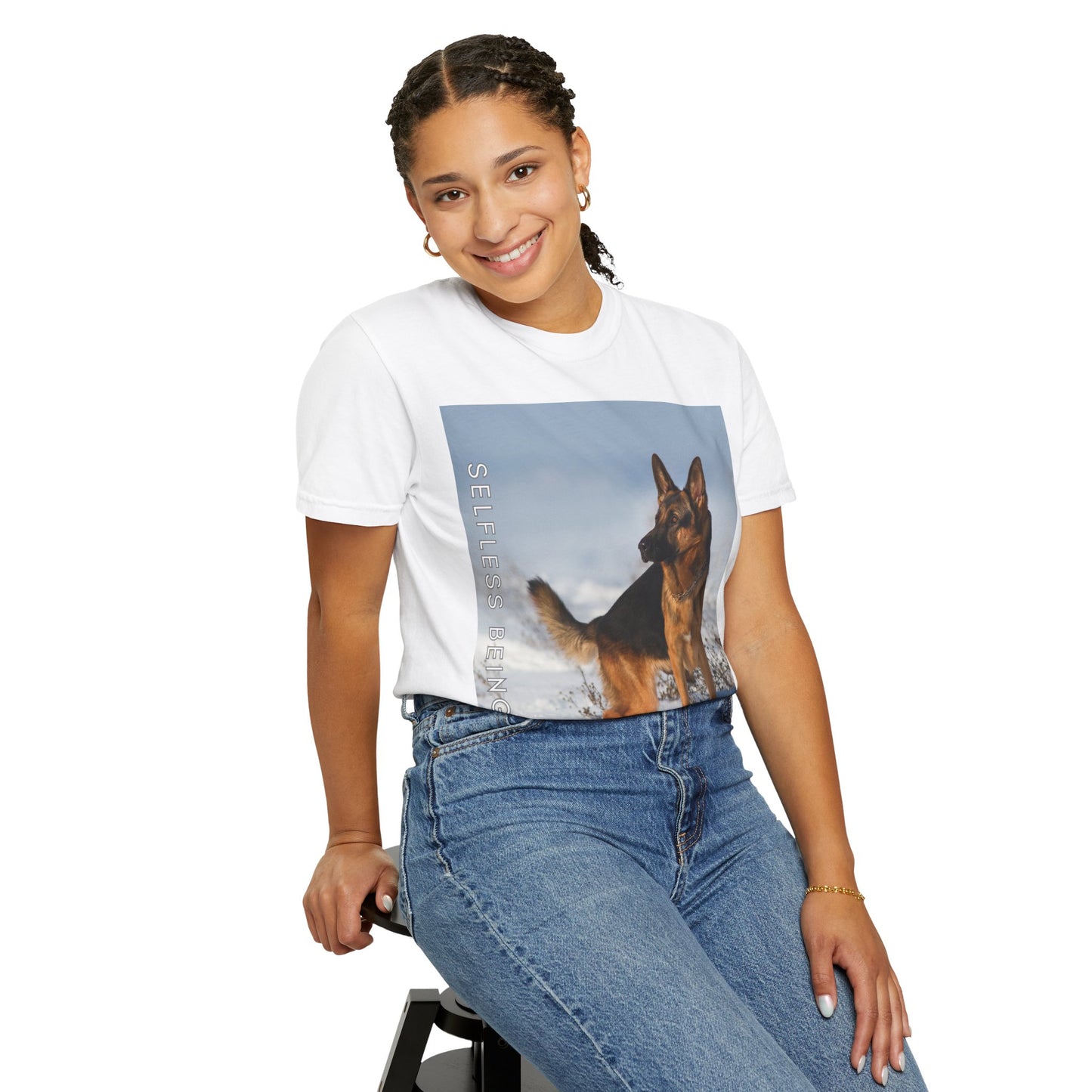 Unisex Dog Lover T-Shirt With a Beautiful German Shepherd Looking at Side Standing on the Snow and Caption Selfless Beings
