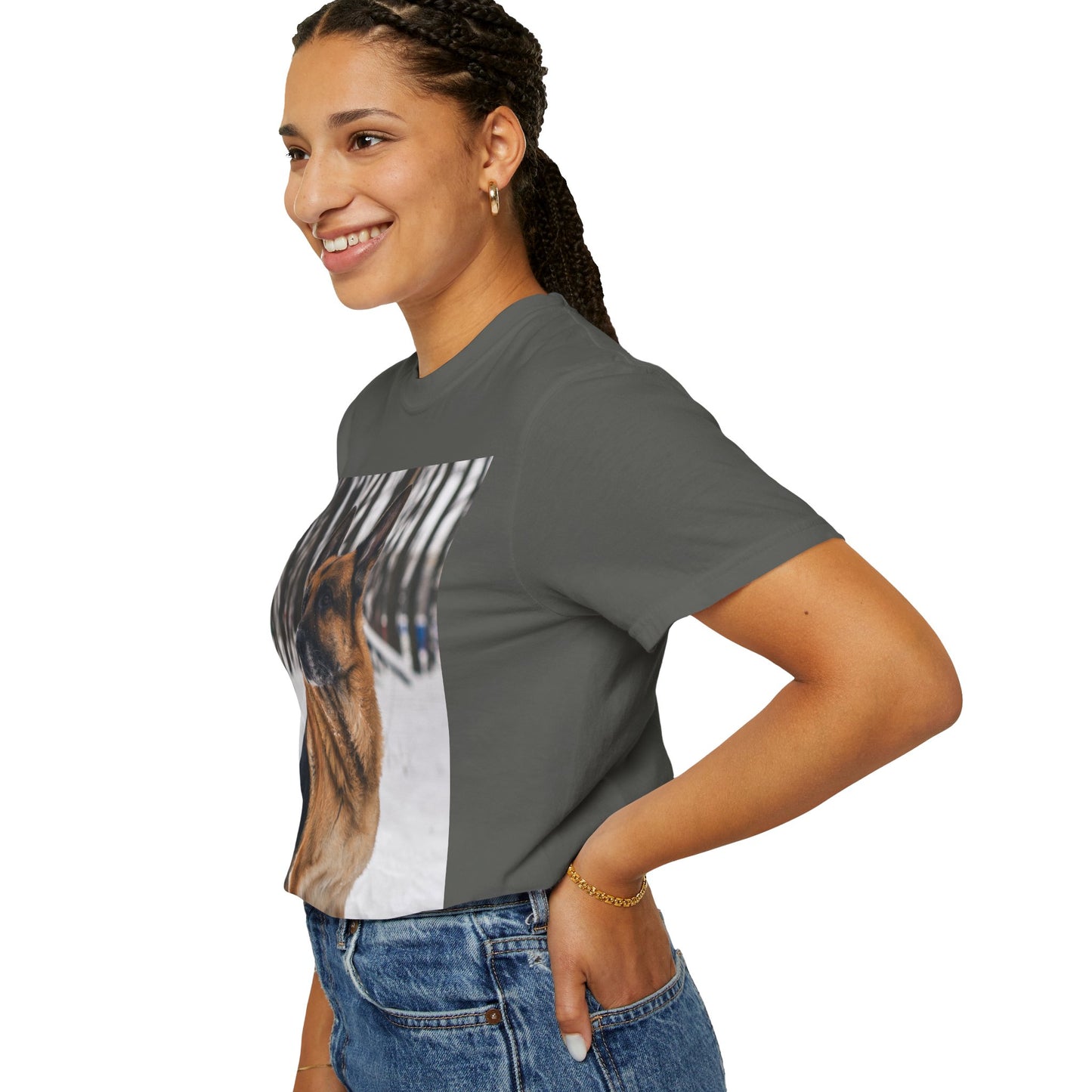 Unisex Dog Lovers T-Shirt Featuring a Beautiful German Shepherd Sloppily Sitting on the Snow