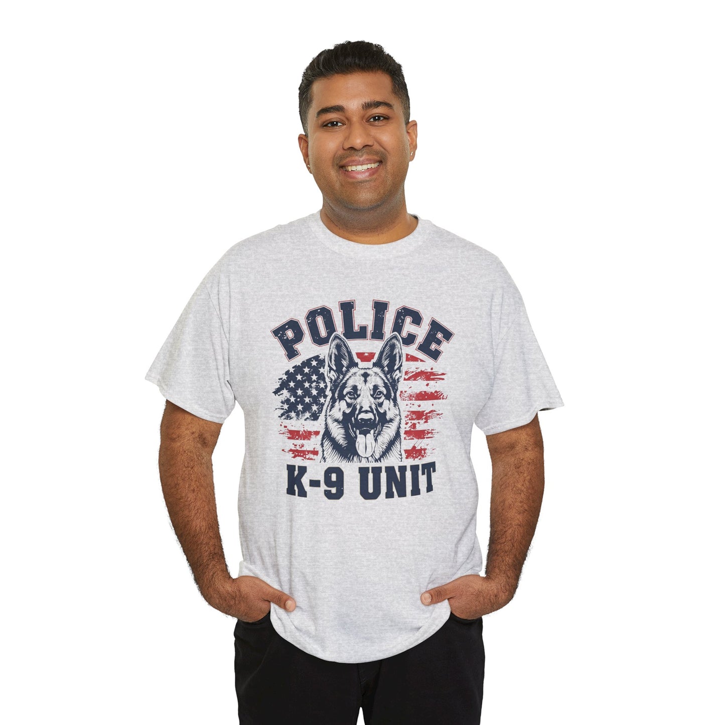 Patriotic Police K-9 Unit T-Shirt With American Flag in Background, Unisex Heavy Cotton Tee