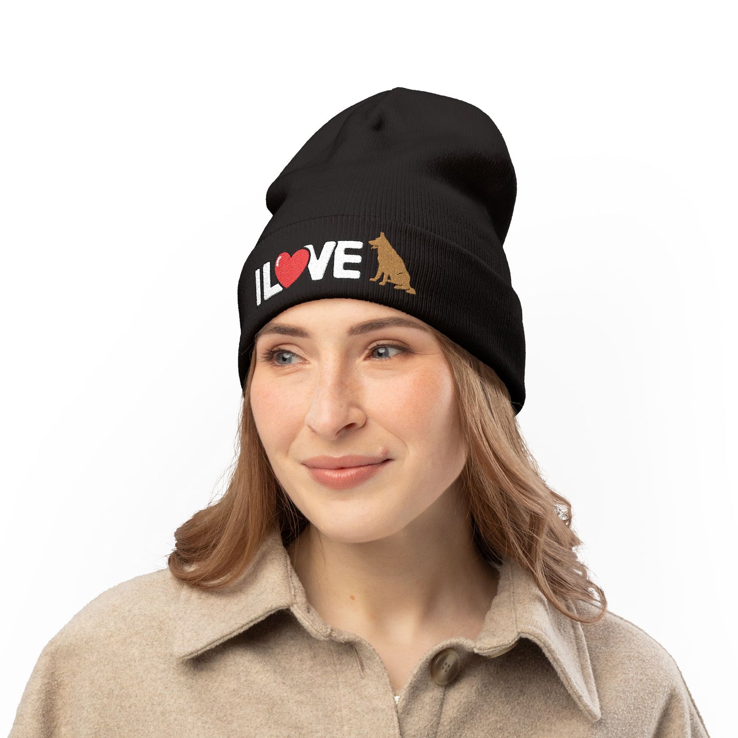 Cozy Dog Lover Knit Beanie with Embroidery - I Love German Shepherd, Winter Hat