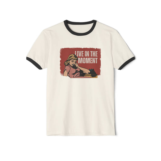 Live in the Moment Unisex Cotton Ringer T-Shirt, Retro Graphic Tee, Casual Wear, Gift for Her, Motivational Trendy Top