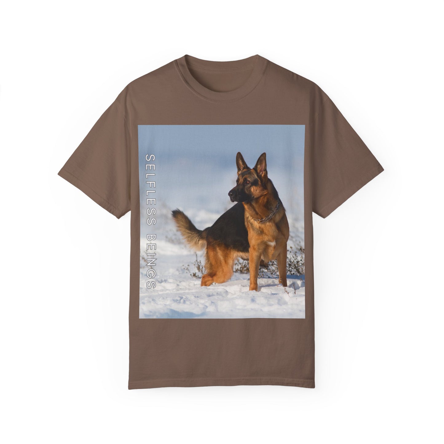 Unisex Dog Lover T-Shirt With a Beautiful German Shepherd Looking at Side Standing on the Snow and Caption Selfless Beings
