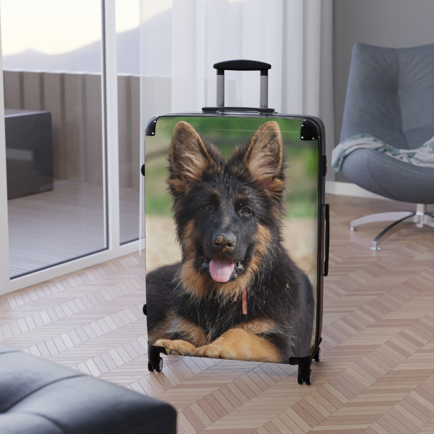 Dog Lover's Travel Suitcase Featuring a a Stunning German Shepherd Puppy Resting on the Sand