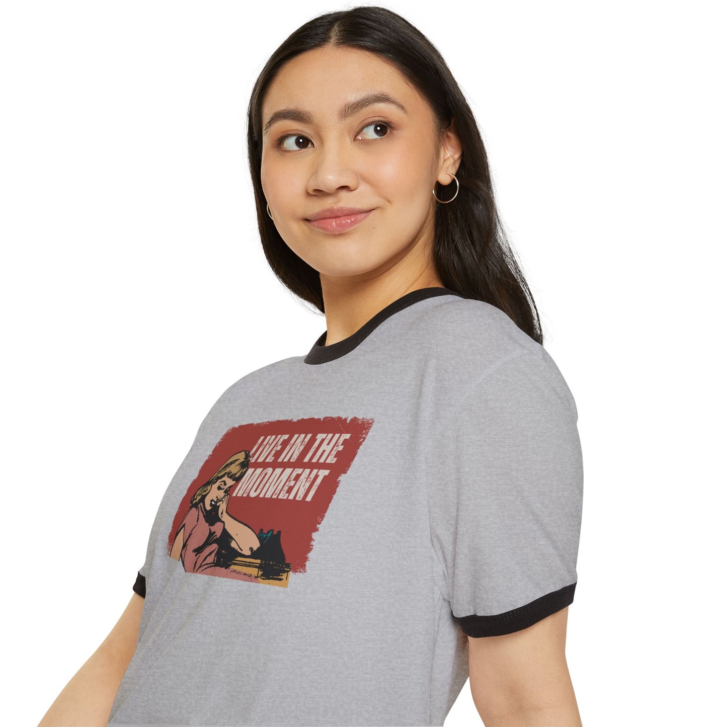 Live in the Moment Unisex Cotton Ringer T-Shirt, Retro Graphic Tee, Casual Wear, Gift for Her, Motivational Trendy Top