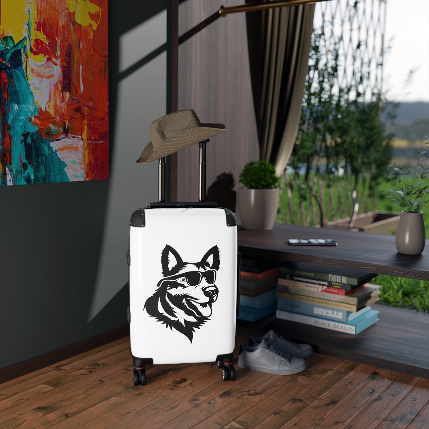 Dog Lovers Suitcase Featuring Graphic of  German Shepherd Wearing Black Glasses