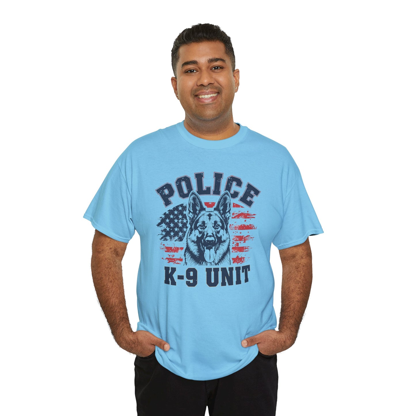 Patriotic Police K-9 Unit T-Shirt With American Flag in Background, Unisex Heavy Cotton Tee