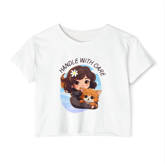 Cute Handle With Care Crop Top - Girl Holding a Cat | Women’s Festival Top, Summer Shirt, Pet Lover Gift, Casual Wear