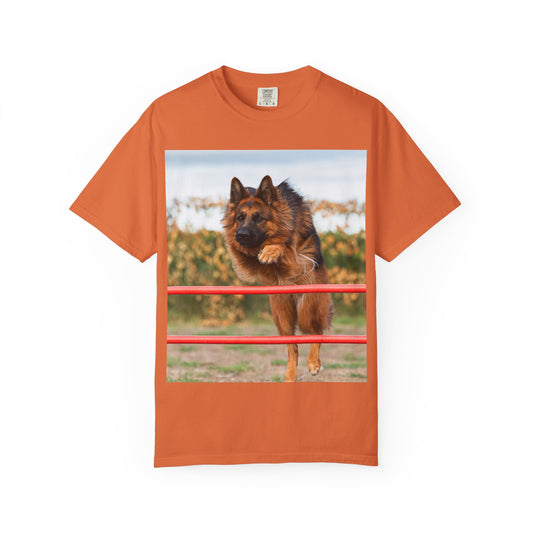 Dog Lover Unisex T-Shirt  Featuring Photograph of Showline German Shepherd Jumping Agility Fence