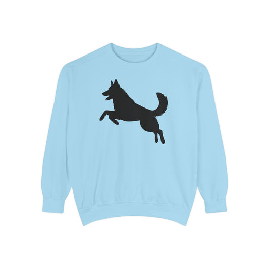 Unisex Dog Lover Sweatshirt With a Graphic of Solid Black German Shepherd Jumping in the Air