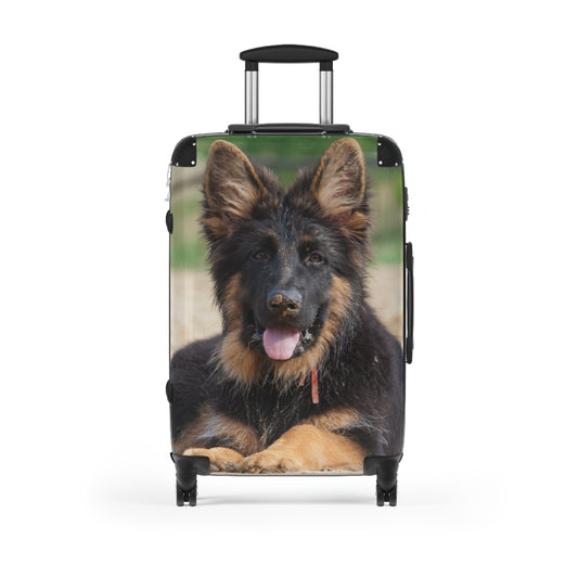 Dog Lover's Travel Suitcase Featuring a a Stunning German Shepherd Puppy Resting on the Sand