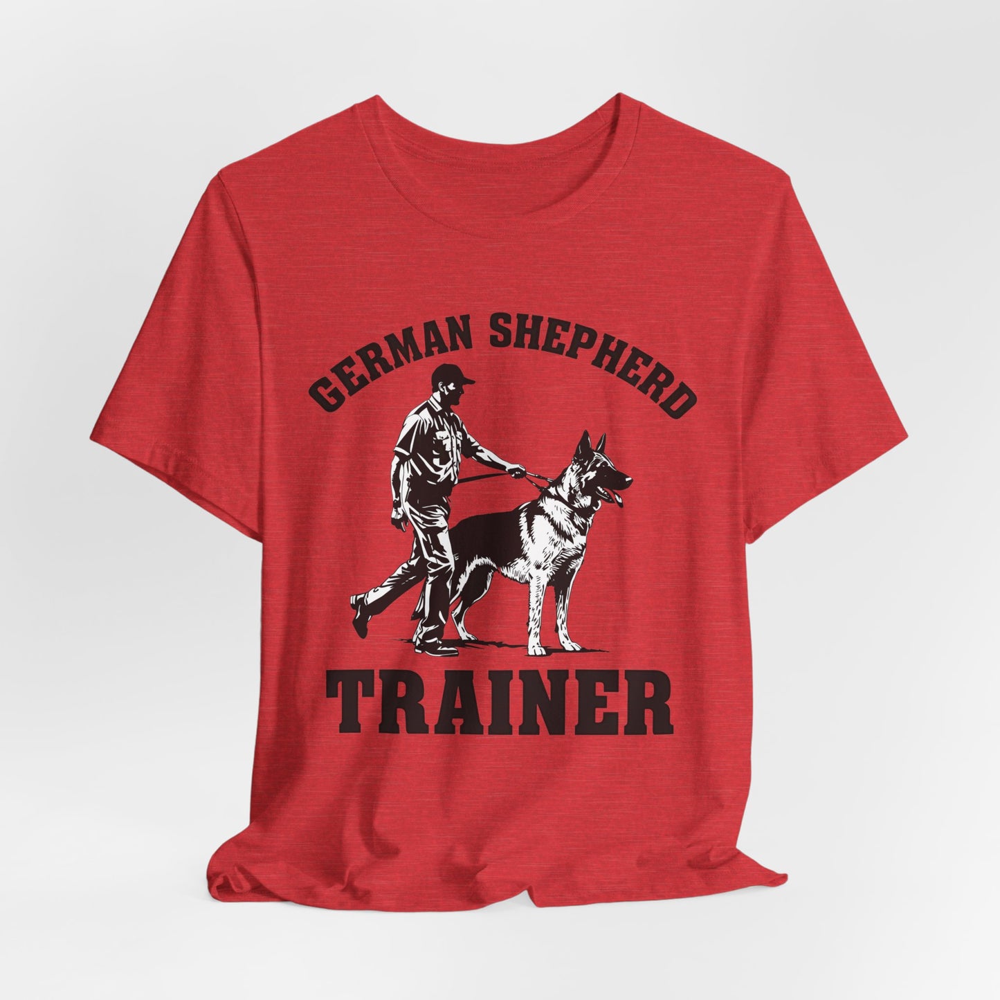 German Shepherd Trainer Tee - Black and White Design of Man Holding a German Shepherd