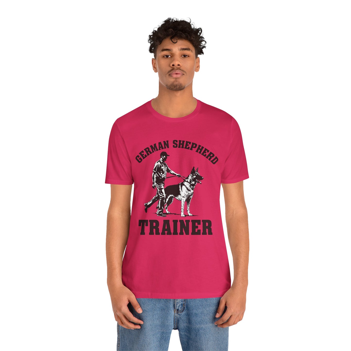 German Shepherd Trainer Tee - Black and White Design of Man Holding a German Shepherd