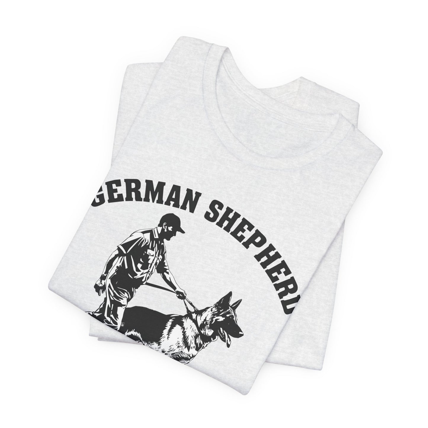 German Shepherd Trainer Tee - Black and White Design of Man Holding a German Shepherd