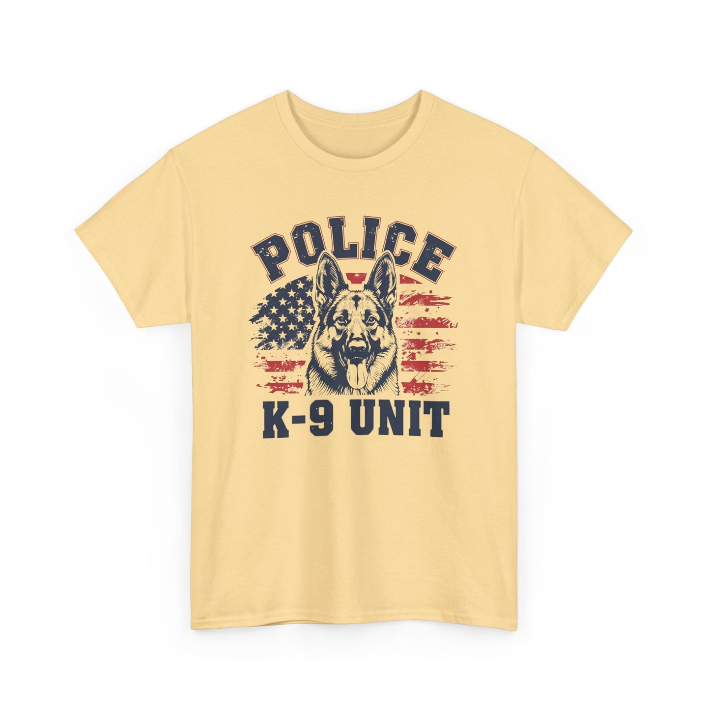 Patriotic Police K-9 Unit T-Shirt With American Flag in Background, Unisex Heavy Cotton Tee