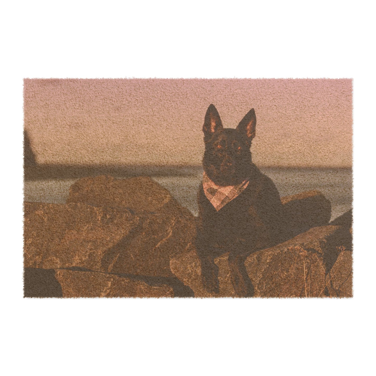 Personalized Dog Doormat Featuring Black German Shepherd Sitting on the Stones Near Seashore
