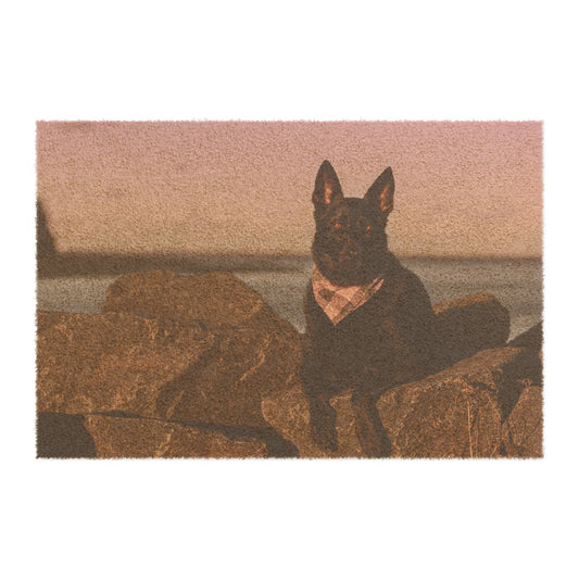 Personalized Dog Doormat Featuring Black German Shepherd Sitting on the Stones Near Seashore