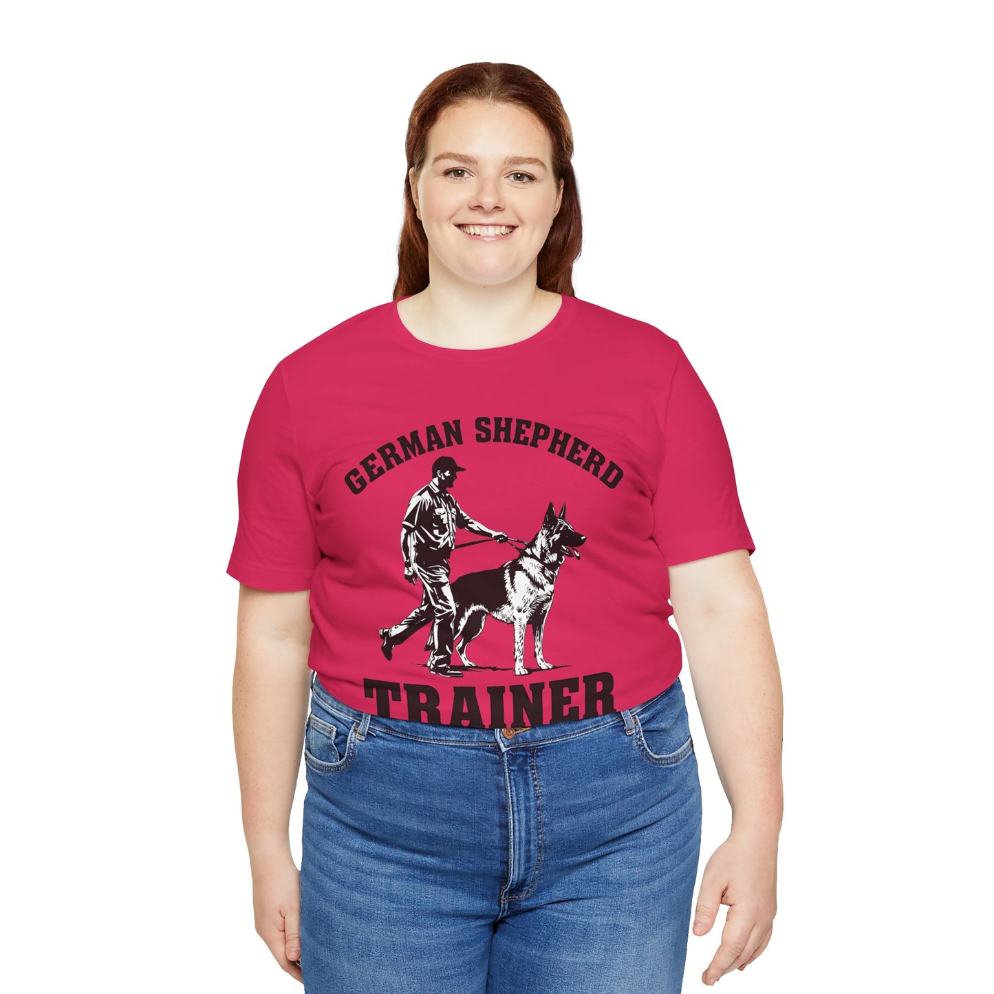 German Shepherd Trainer Tee - Black and White Design of Man Holding a German Shepherd