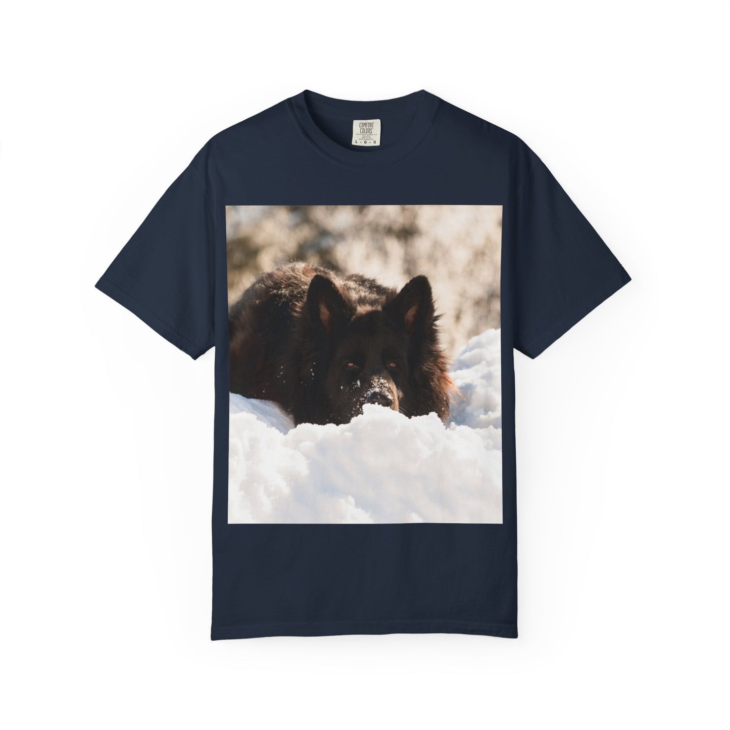 Unisex Dog Lover T-Shirt Featuring a Giant Black German Shepherd Resting on the Snow
