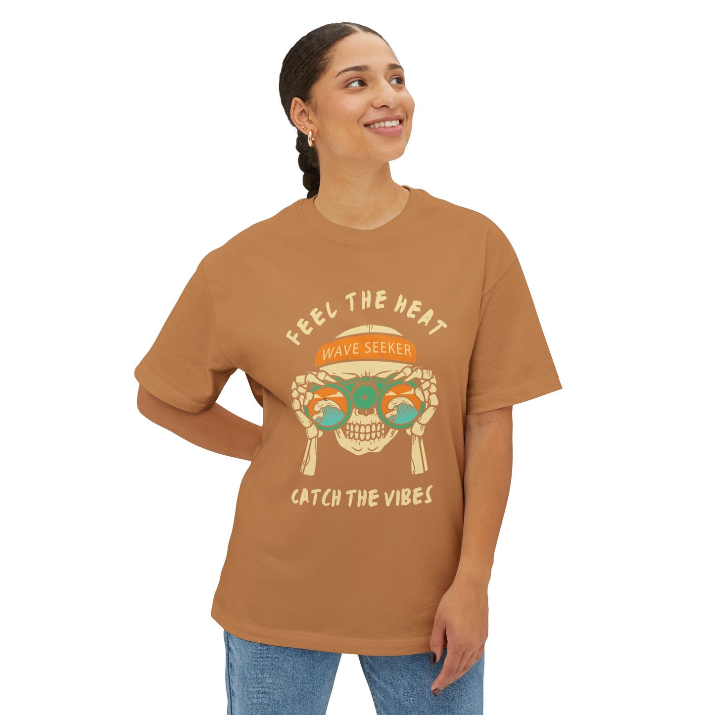 Feel The Heat Catch the Vibes Boxy Tee | Unisex Oversized T-Shirt, Beachwear, Surfing Apparel, Summer Tees, Gifts for Wave Seekers