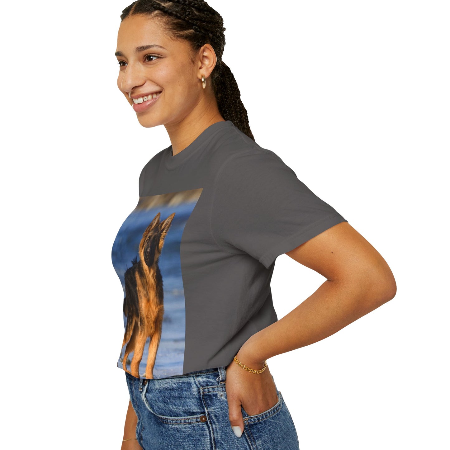 Unisex Dog Lover T-Shirt Featuring Beautiful German Shepherd Puppy Standing at the Sea Shore