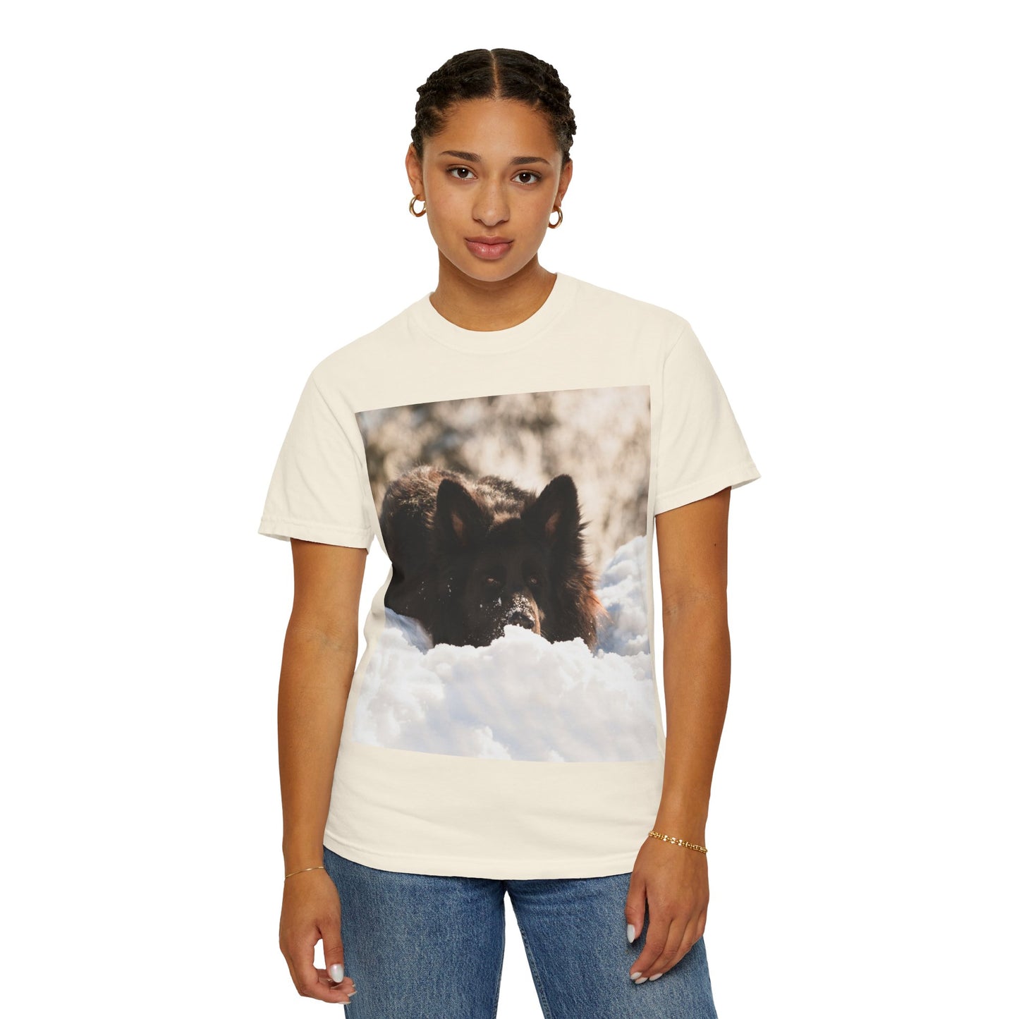 Unisex Dog Lover T-Shirt Featuring a Giant Black German Shepherd Resting on the Snow