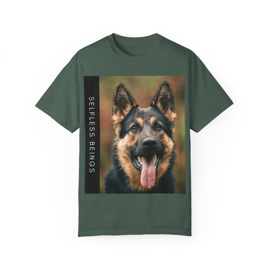 Unisex Dog Lover T-Shirt With Close Up of German Shepherd Leaving His Tongue Out and Caption Selfless Beings