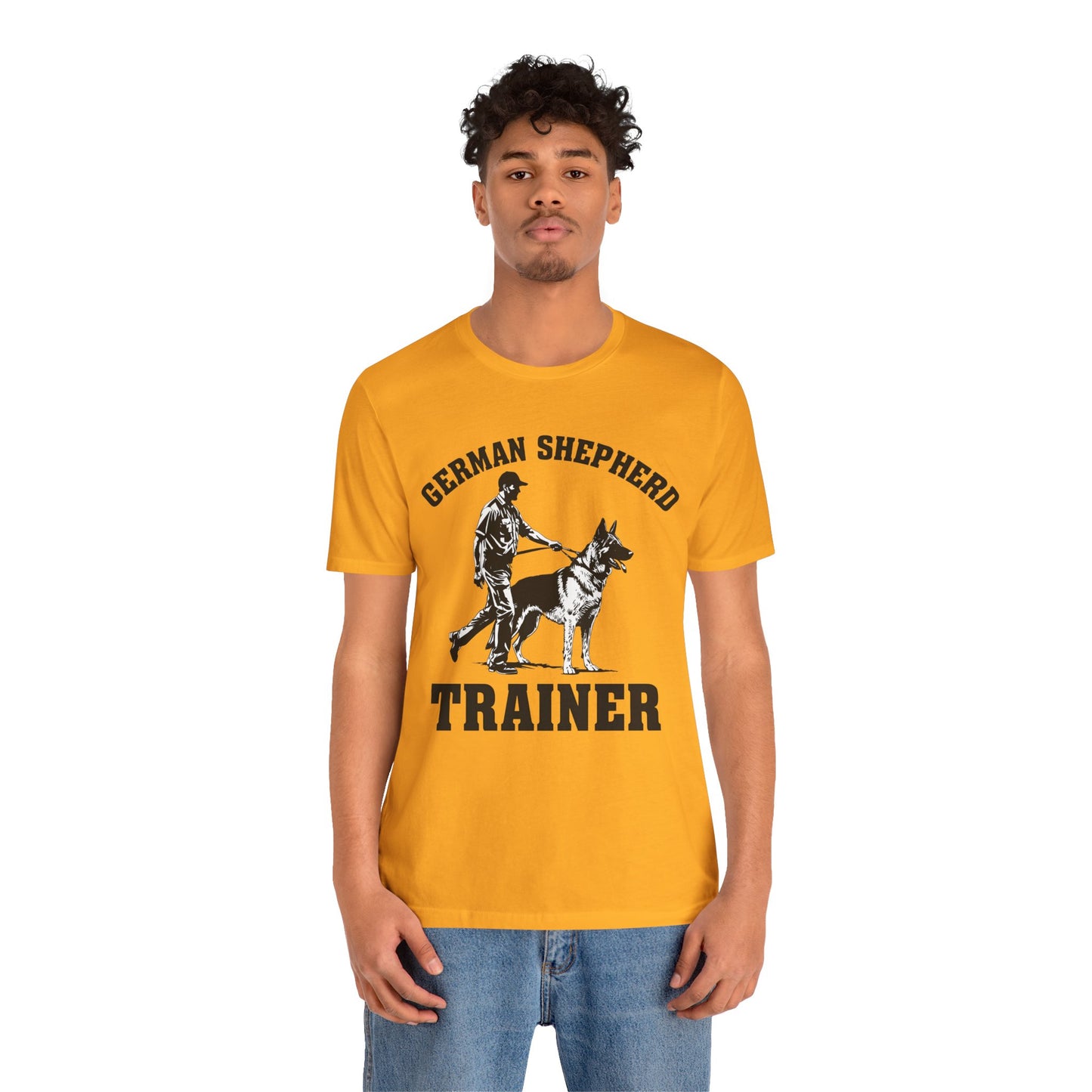 German Shepherd Trainer Tee - Black and White Design of Man Holding a German Shepherd