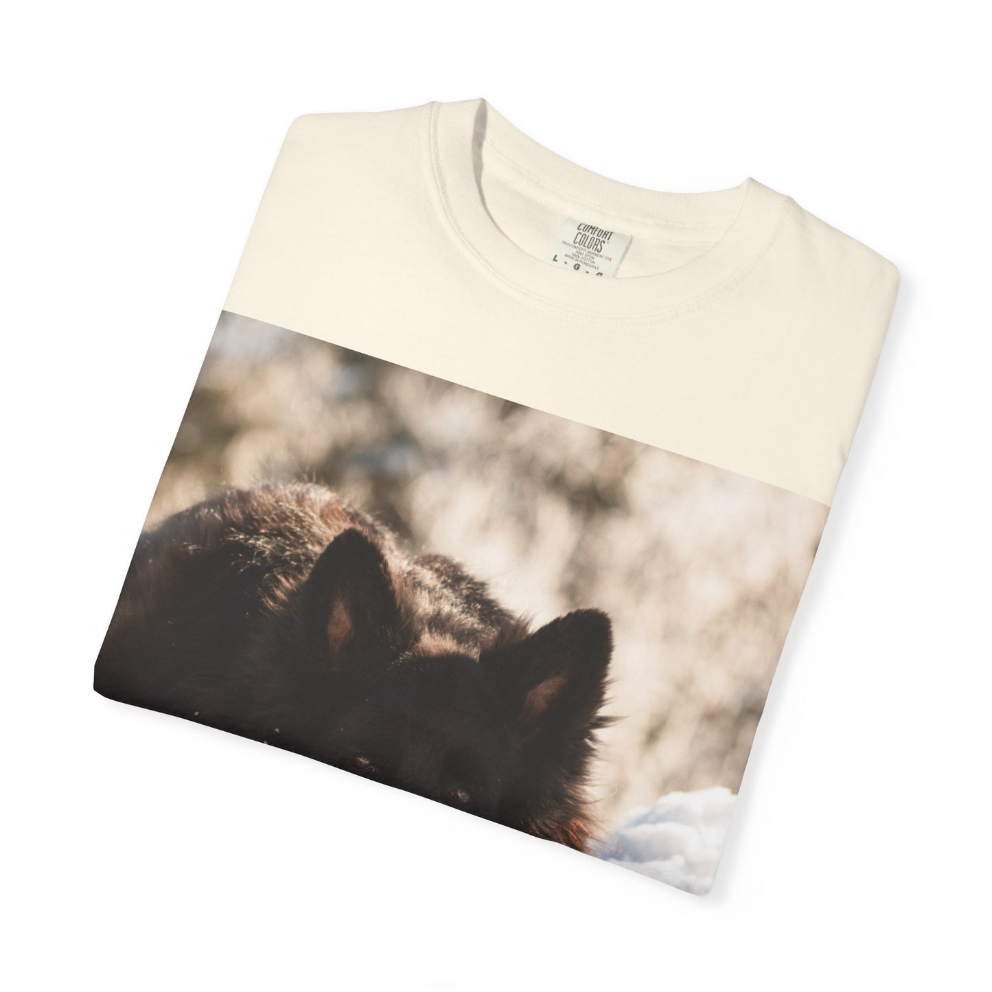 Unisex Dog Lover T-Shirt Featuring a Giant Black German Shepherd Resting on the Snow