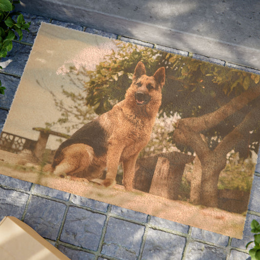 Personalized Doormat Featuring a Beautiful German Shepherd Sloppily Sitting in the Park