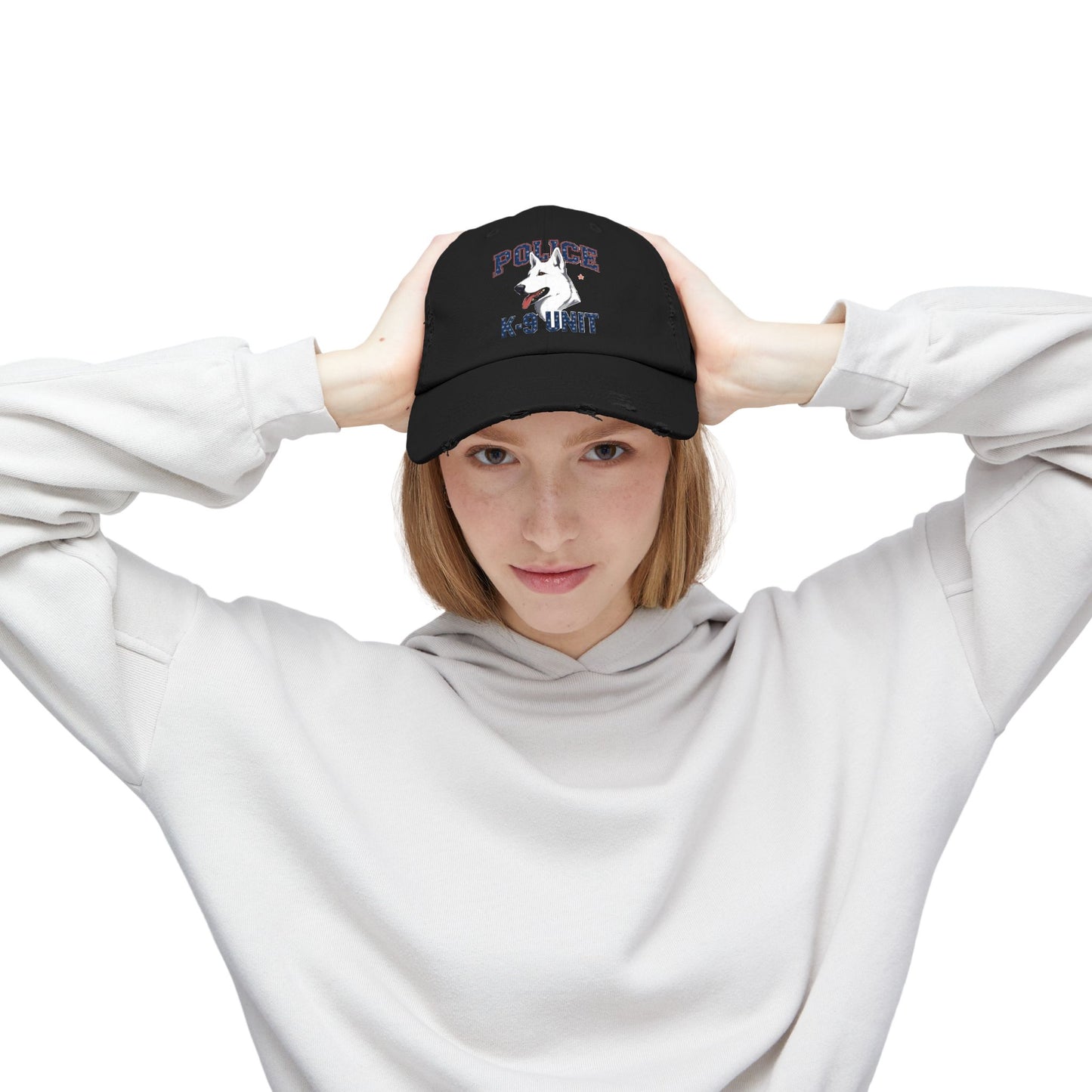 Unisex Distressed Cap with Police K9 Design Featuring German Shepherd, Trendy Dog Lover Hat, Perfect Gift for Police Supporters