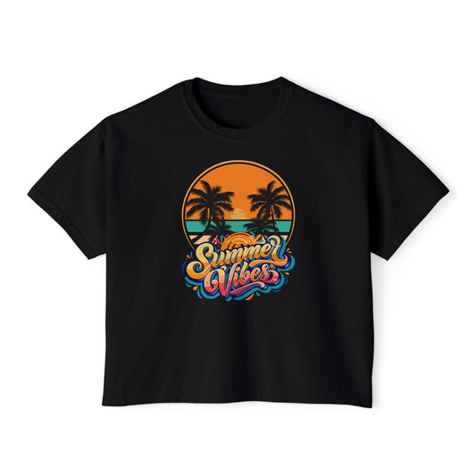 Summer Vibes Women's Boxy Tee - Beachwear, Casual Summer Top, Gift for Her, Vacation Outfit, Relaxed Fit Tee