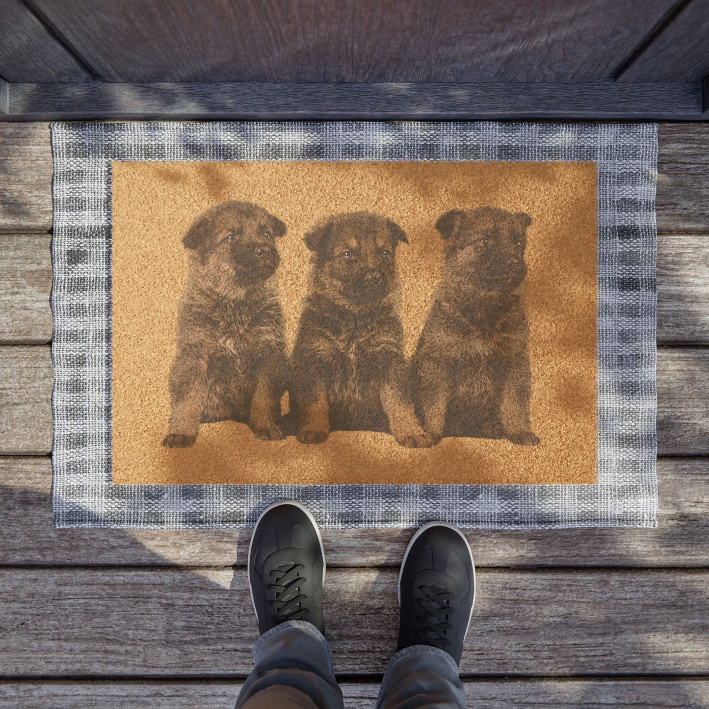 Doormat Featuring Three Cute German Shepherd Puppies Sloppily Sitting in a Row