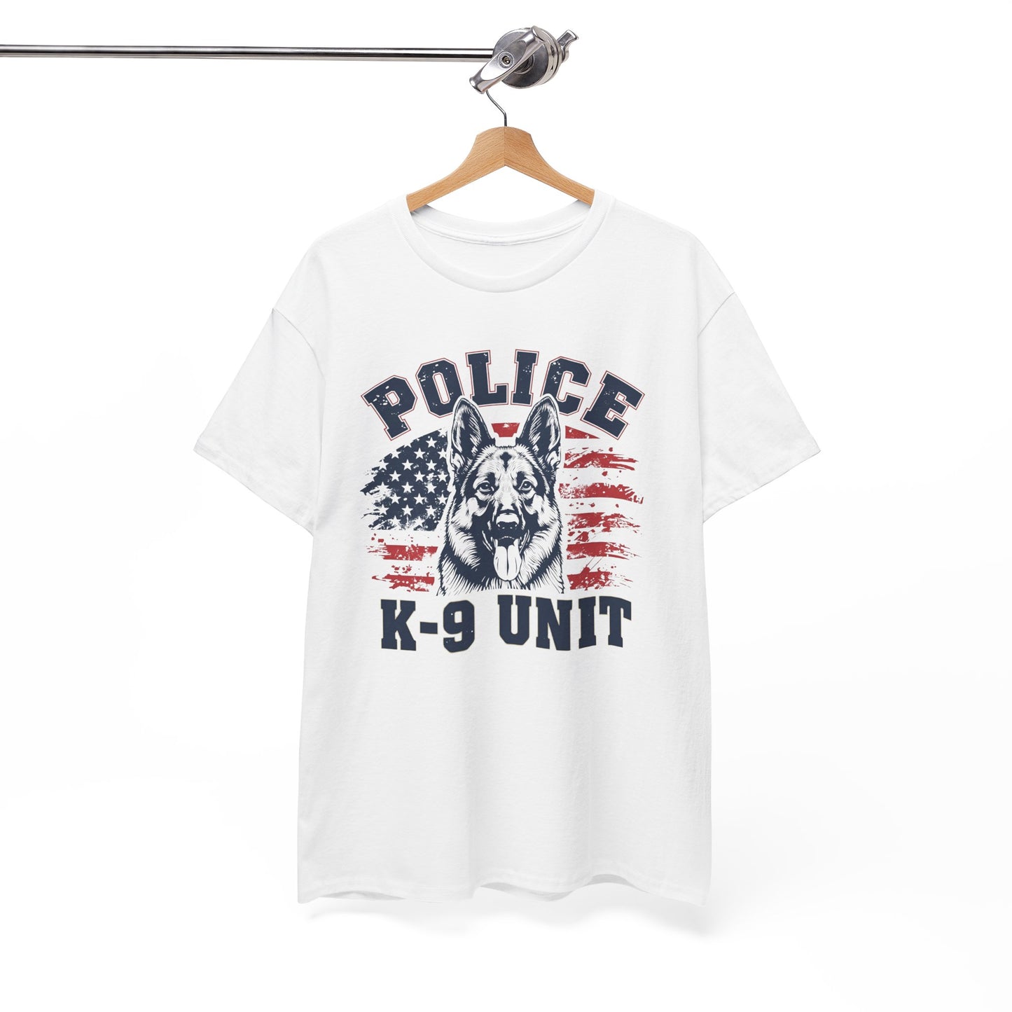 Patriotic Police K-9 Unit T-Shirt With American Flag in Background, Unisex Heavy Cotton Tee