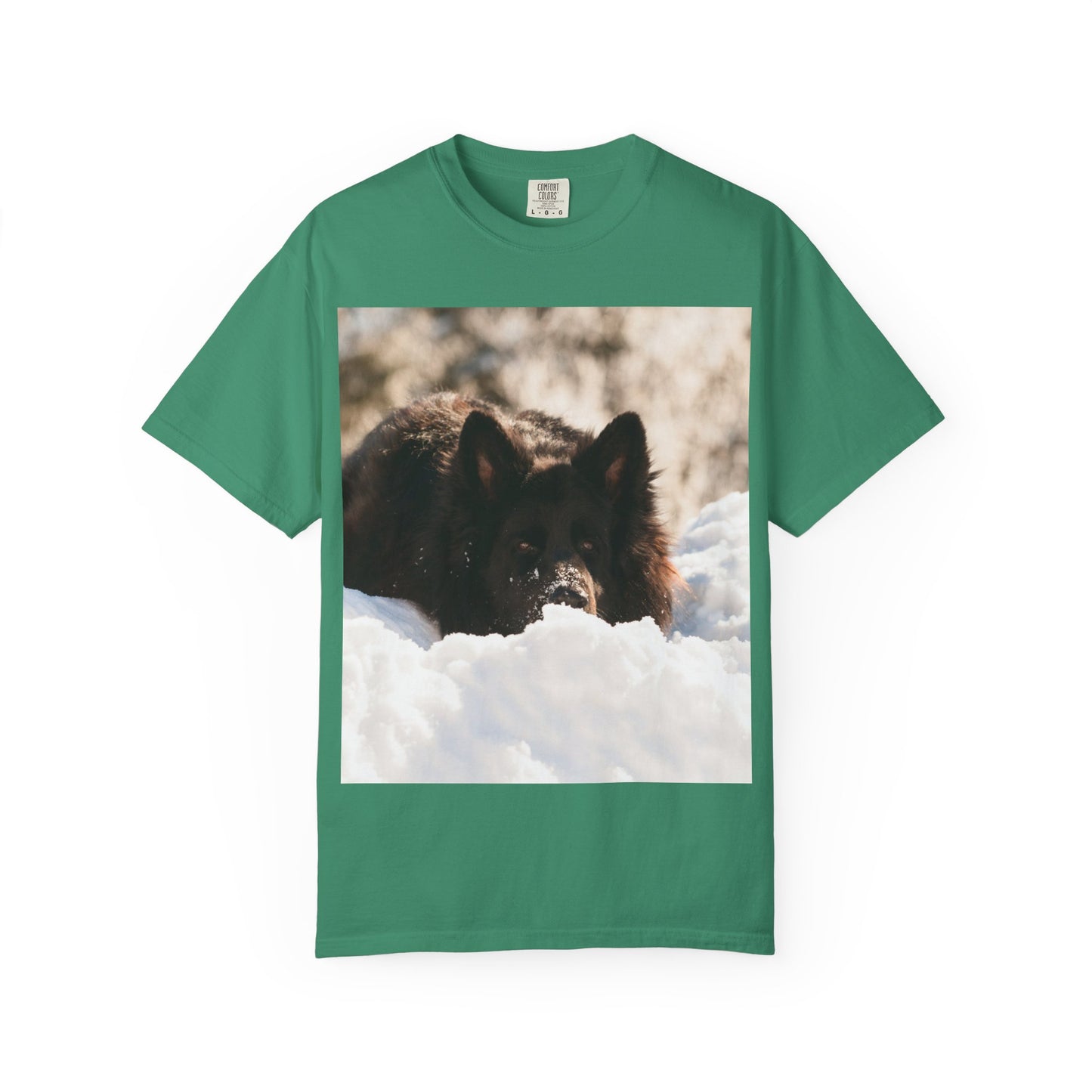 Unisex Dog Lover T-Shirt Featuring a Giant Black German Shepherd Resting on the Snow