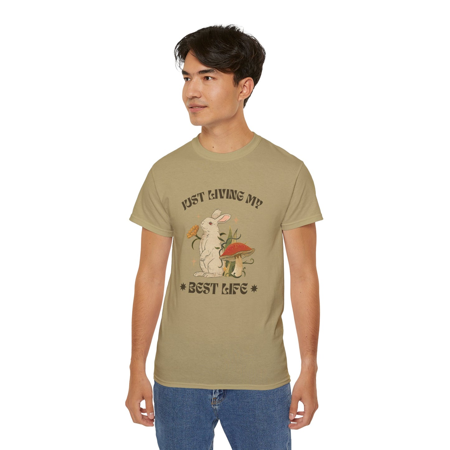 Unisex Ultra Cotton Tee - Just Living My Best Life Bunny Design, Cute Rabbit Shirt, Gift for Animal Lovers, Spring Fashion