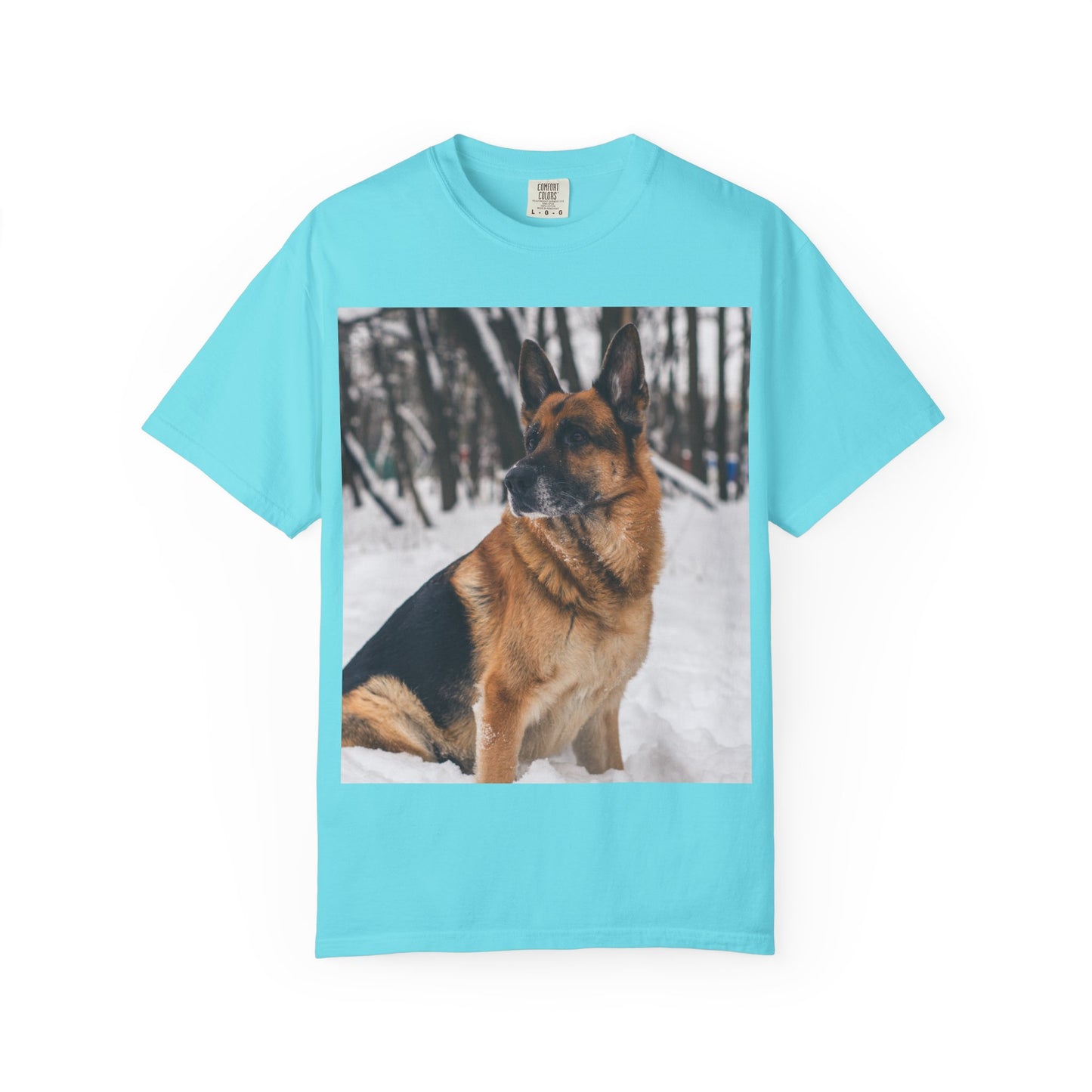 Unisex Dog Lovers T-Shirt Featuring a Beautiful German Shepherd Sloppily Sitting on the Snow