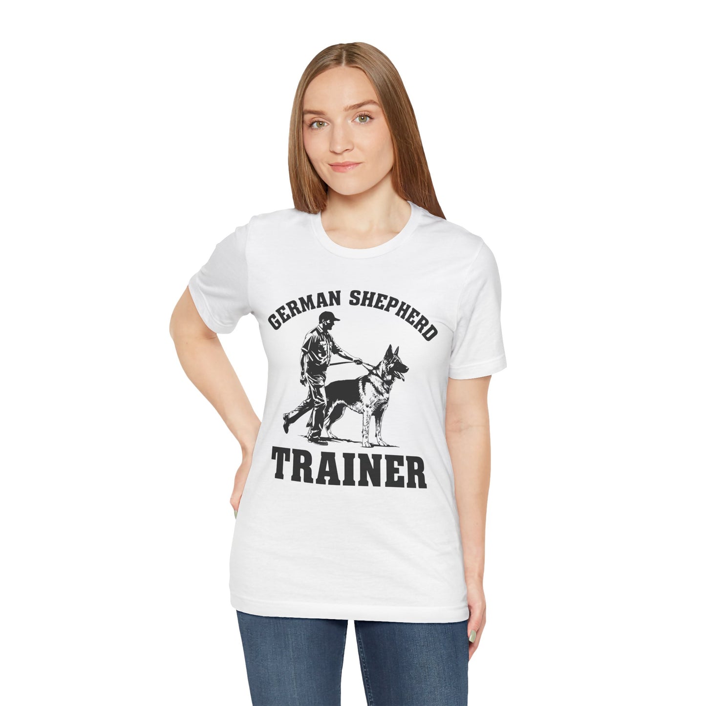 German Shepherd Trainer Tee - Black and White Design of Man Holding a German Shepherd