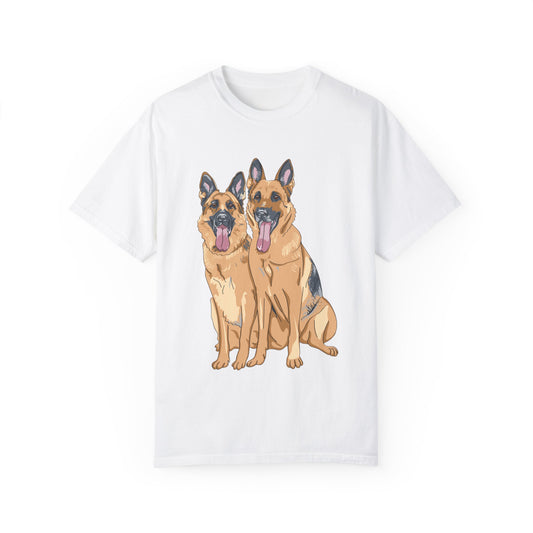 Unisex T-Shirt With Graphic of Two German Shepherds Sloppily Sitting Leaving Tongue Out