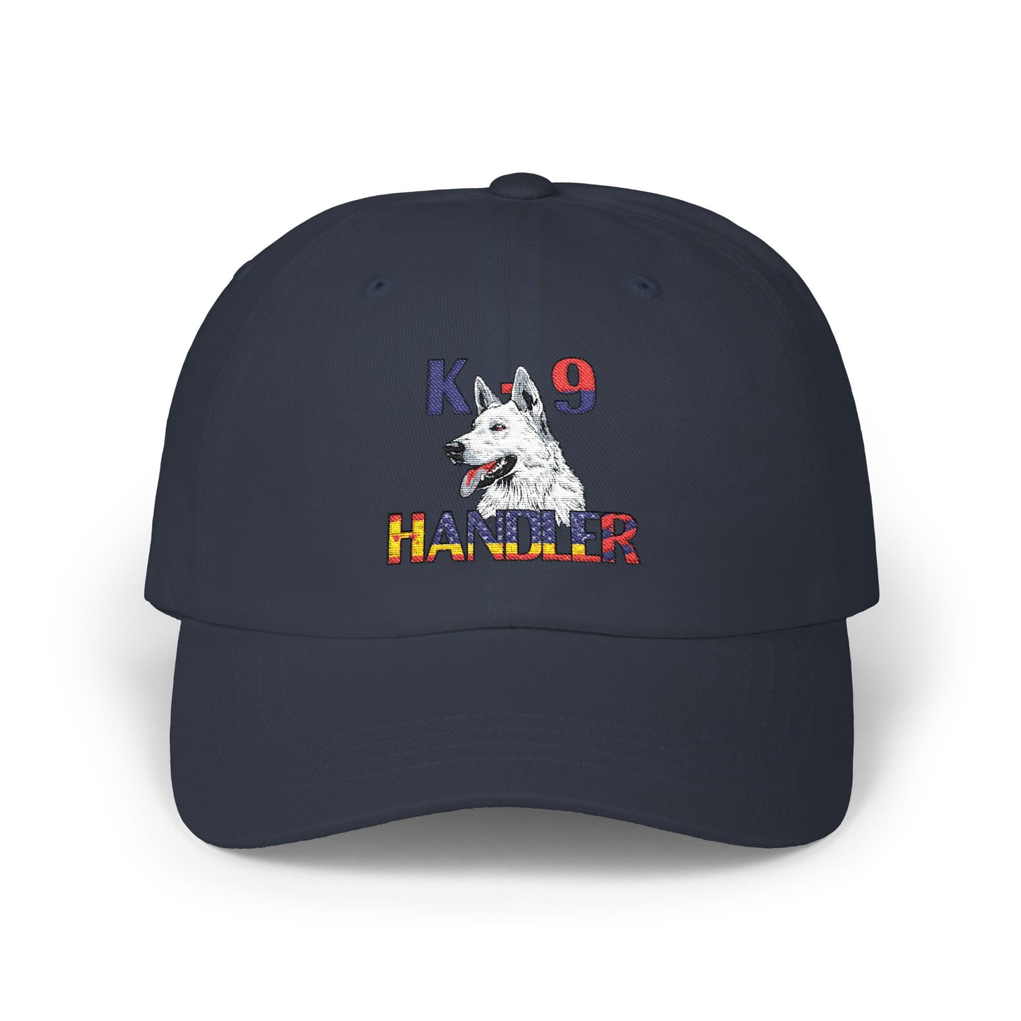Embroidered Police Themed K9 Handler Classic Dad Cap Featuring a White German Shepherd