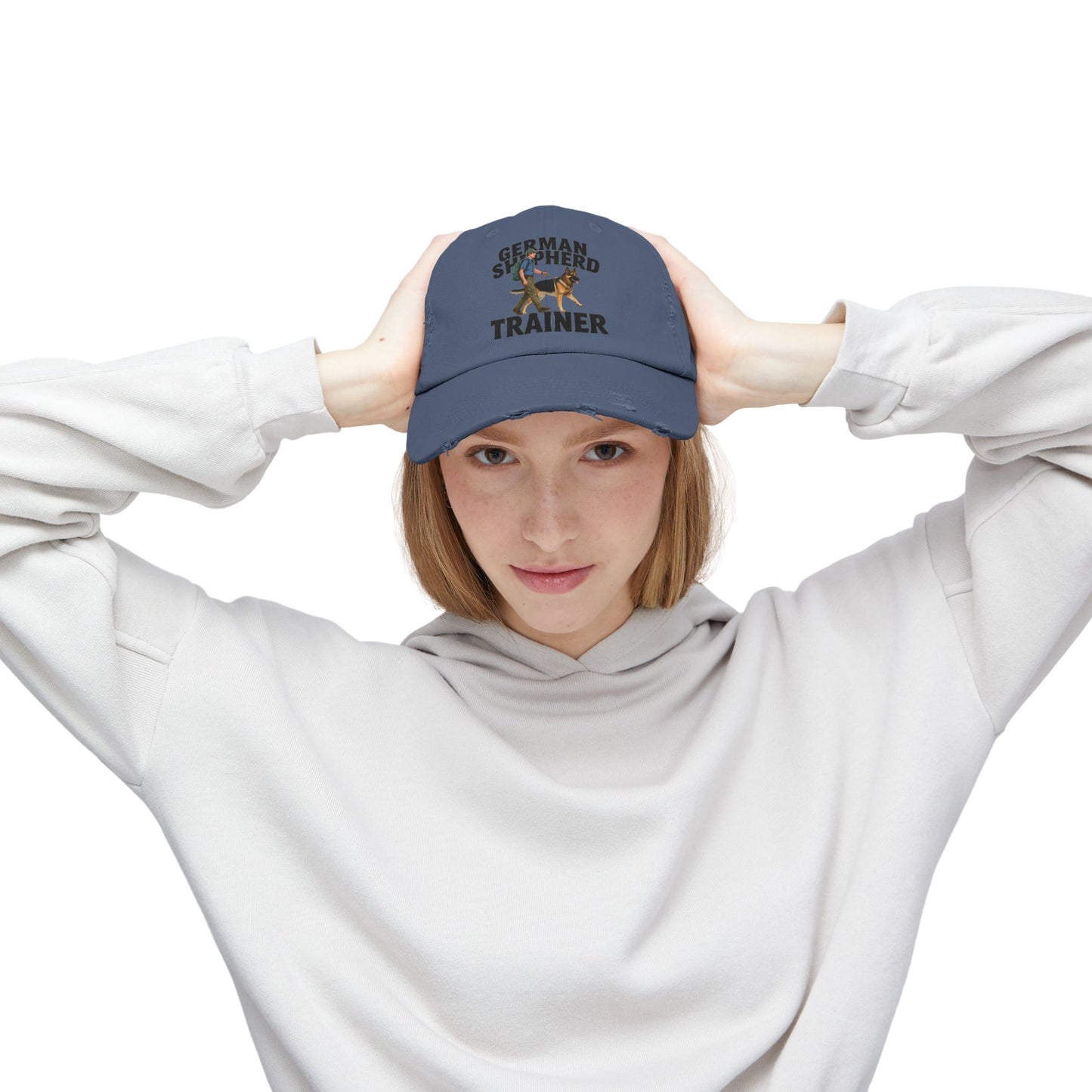 Unisex Distressed Cap Featuring a Trainer Leading German Shepherd, Dog Trainer Gift