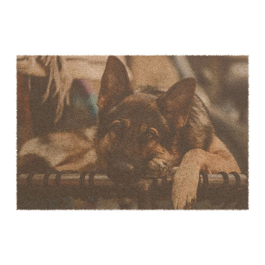 Dog Lover Doormat Featuring a Sable German Shepherd Resting on Outdoor Bed