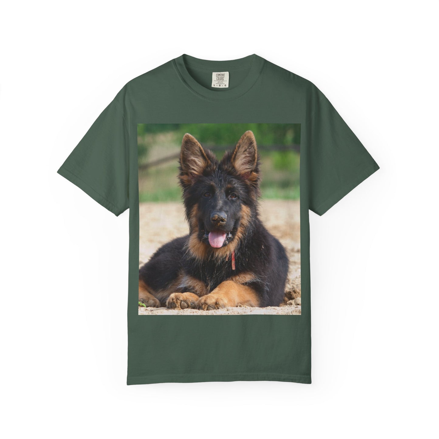 Unisex Dog Lover T-Shirt Featuring Photo of Stunning German Shepherd Puppy Resting on the Sand