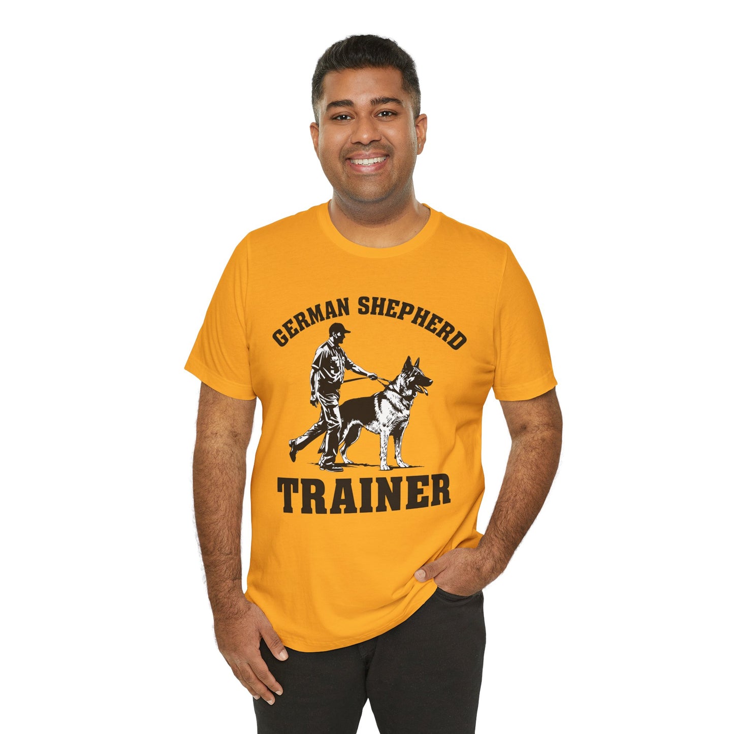 German Shepherd Trainer Tee - Black and White Design of Man Holding a German Shepherd